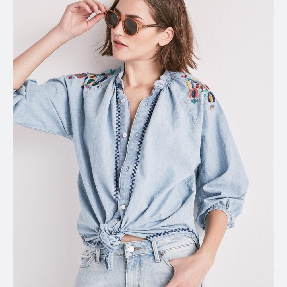 Lucky Brand Oversized Peasant Denim Shirt with Embroidery XS